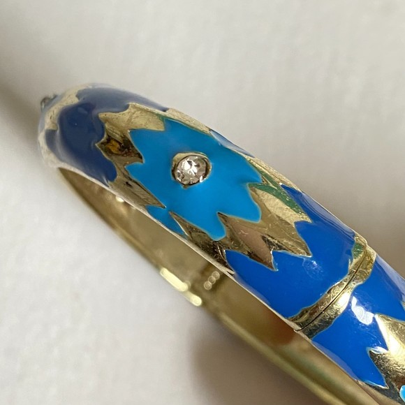 Sequin Bangle Bracelet Blue Abstract Cloisonne Enamel Hinged - Picture 2 of 7